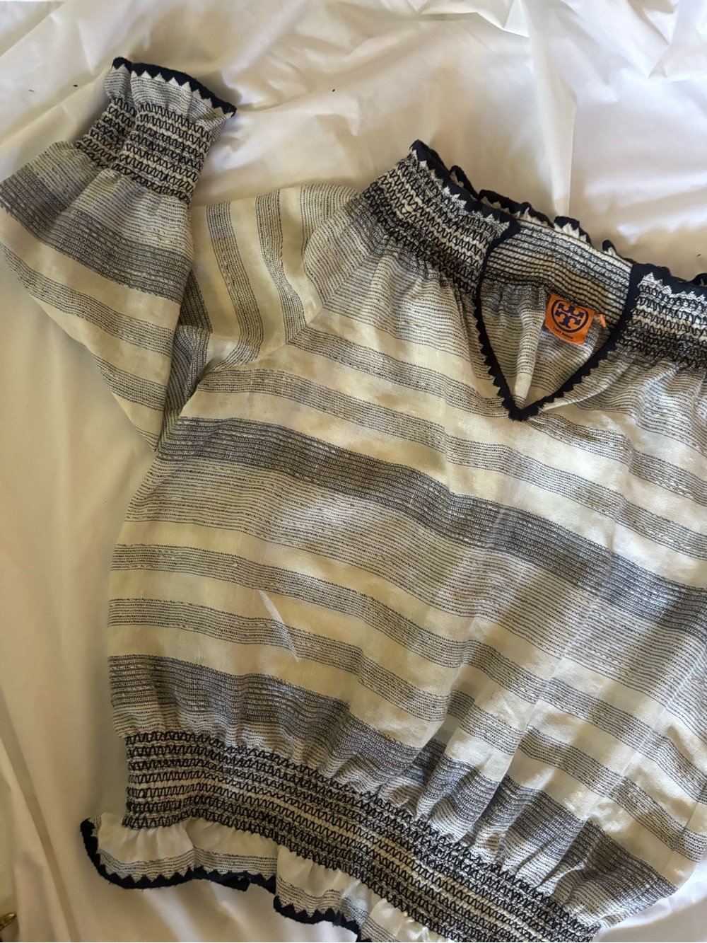 Tory Burch Cream/Navy Striped Smocked Tunic Top | Size 10
